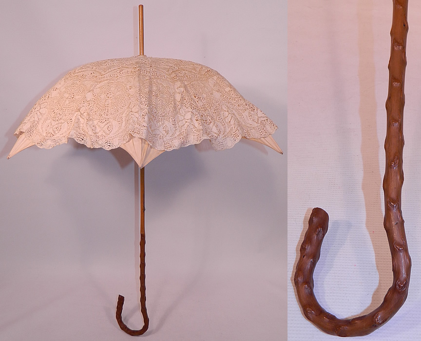 Edwardian Cream Linen Beds Maltese Bobbin Lace Burl Wood Handle Summer Parasol
This Edwardian era antique cream linen and Beds Maltese bobbin lace burl wood handle summer parasol dates from 1910. 
This is truly a wonderful parasol perfect for an Edwardian era ladies summer outing! 