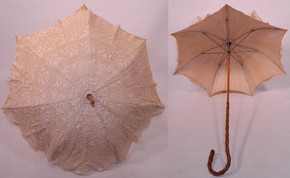 Edwardian Cream Linen Beds Maltese Bobbin Lace Burl Wood Handle Summer Parasol
It is made of an off white cream color linen fabric lining, covered with a Beds Maltese bobbin lace wheat ears, floral pattern sheer silk lace fabric. 