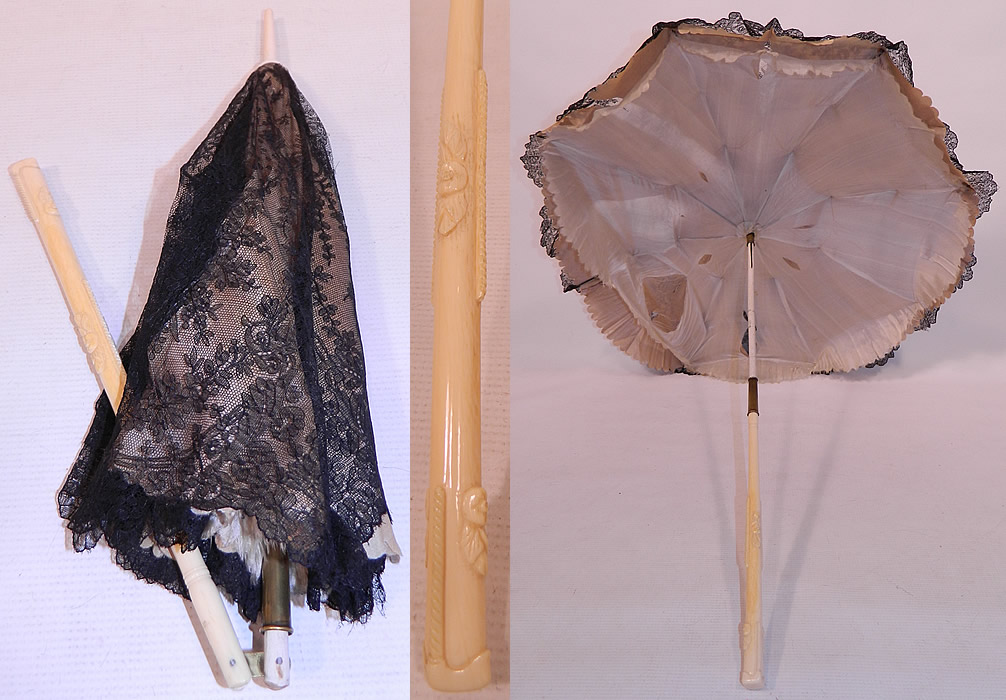 Victorian Civil War Antique Black Chantilly Lace Carved Roses Folding Handle Parasol
This antique Victorian Civil War era black Chantilly lace carved roses folding handle parasol dates from the 1860s. It is made of a white silk fabric lining underneath, covered with a sheer fine black Chantilly lace fabric overlay outlined in black threads with detailed shading effects done in a floral pattern Swiss dot design and scalloped border edging.