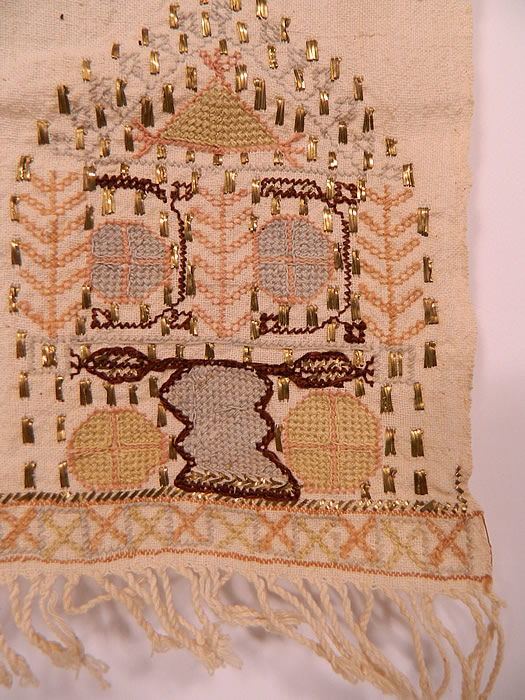 Antique Ottoman Turkish Chain Stitch Embroidered Linen Gold Metal Studded Sash Towel
The towel measures 48 inches long and 15 inches wide. It has wonderful workmanship and is in excellent clean condition. This is truly a beautiful one of a kind piece of Ottoman Turkish textile art! 