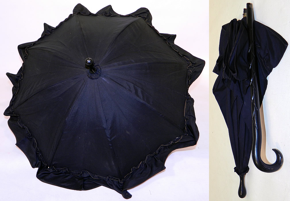 Victorian Civil War Black Silk Ebony Folding Handle Marquis Mourning Parasol
It is made of a black silk fabric, with ruffle trim edging along the bottom. 