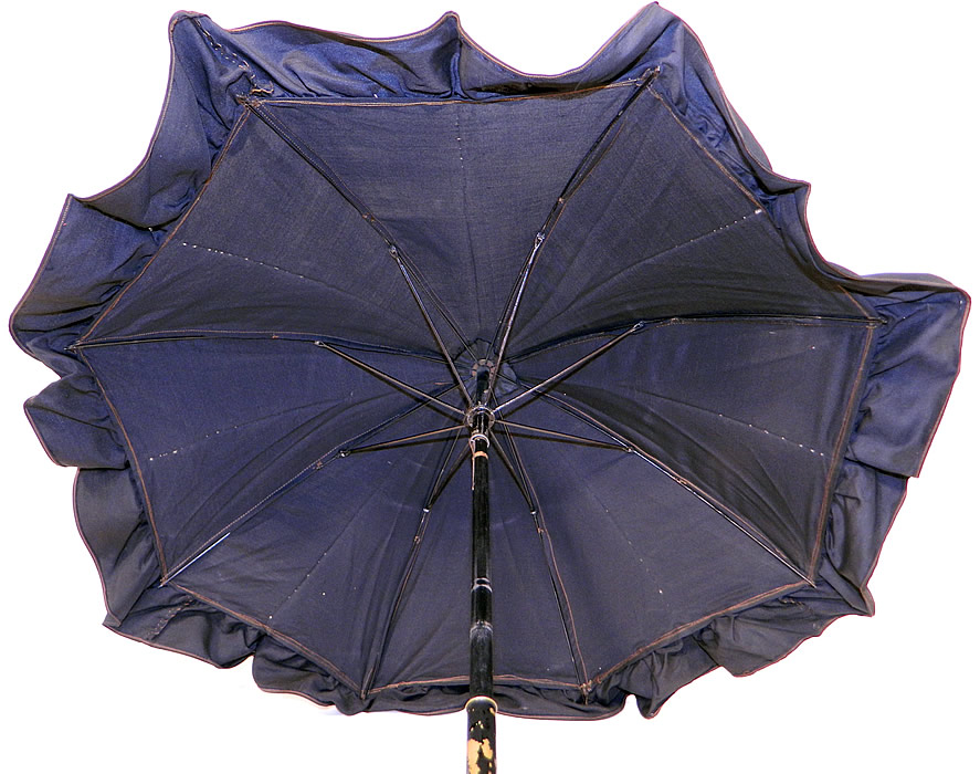 Victorian Civil War Black Silk Ebony Folding Handle Marquis Mourning Parasol
It is lined inside with black silk. The parasol measures 27 inches long extended, 15 inches long when folded and the fabric outside is 70 inches in circumference when opened up.