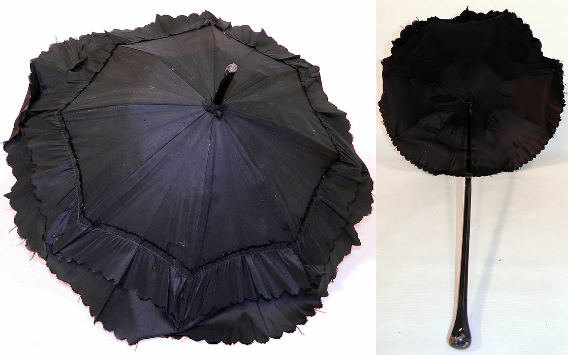 Victorian Civil War Black Silk Folding Handle Marquis Mourning Parasol
There is a black ebony color wood carved handle and folding shaft, with a marquis tilt top mechanism inside to keep the sun off your face.