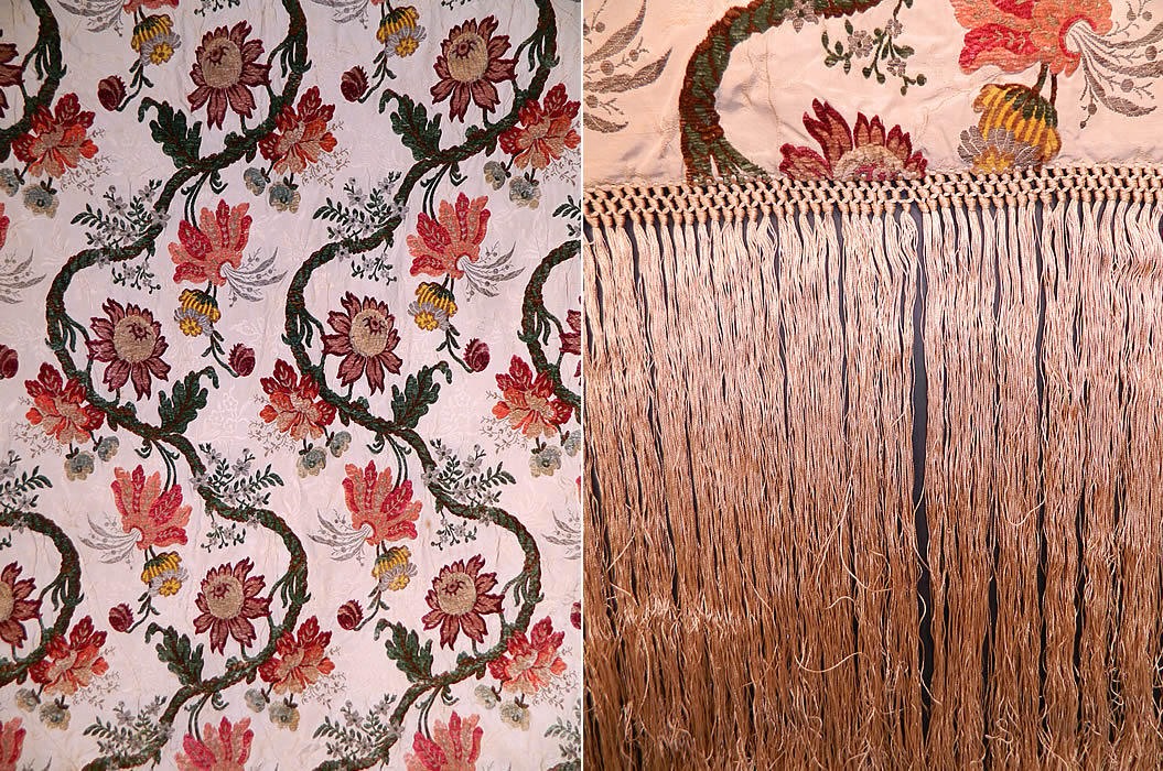 Antique 18th Century Style Silk Chenille Brocade Jacobean Fringed Shawl Throw
It is made of an off white cream color silk damask weave brocade fabric, with a colorful chenille floral vine leaf tree of life Jacobean style 18th century inspired design and gold, silver metallic lam&eacute; threads woven throughout for accent details. 