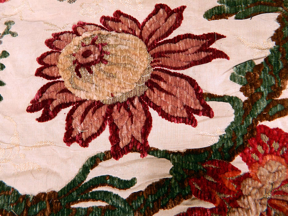 Antique 18th Century Style Silk Chenille Brocade Jacobean Fringed Shawl Throw
The fabric square measures 44 by 48 inches and the fringe trim is 17 inches long. 