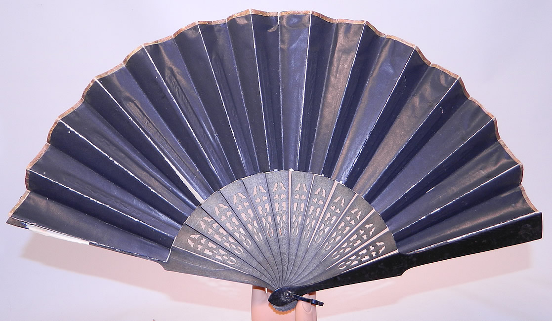 Victorian Lithograph Calling Cards Autograph Paper Pleated Folding Fan
The fan measures 11 inches long and 28 inches wide when opened. It is in good unused condition, with only some faint foxing age spots and some paper peeling separation on the back (see close-ups). This is truly a rare and wonderful piece of Victoriana fan art! 