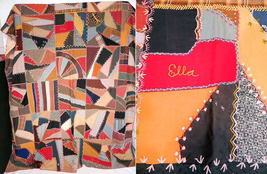 Victorian Antique Worsted Wool Embroidered Needlework Crazy Quilt
This antique Victorian era worsted wool embroidered needlework crazy quilt dates from the late 19th century.