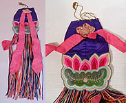 Antique Chinese Colorful Silk Embroidered Lotus Flower Fringed Pouch Purse Bag Vtg
