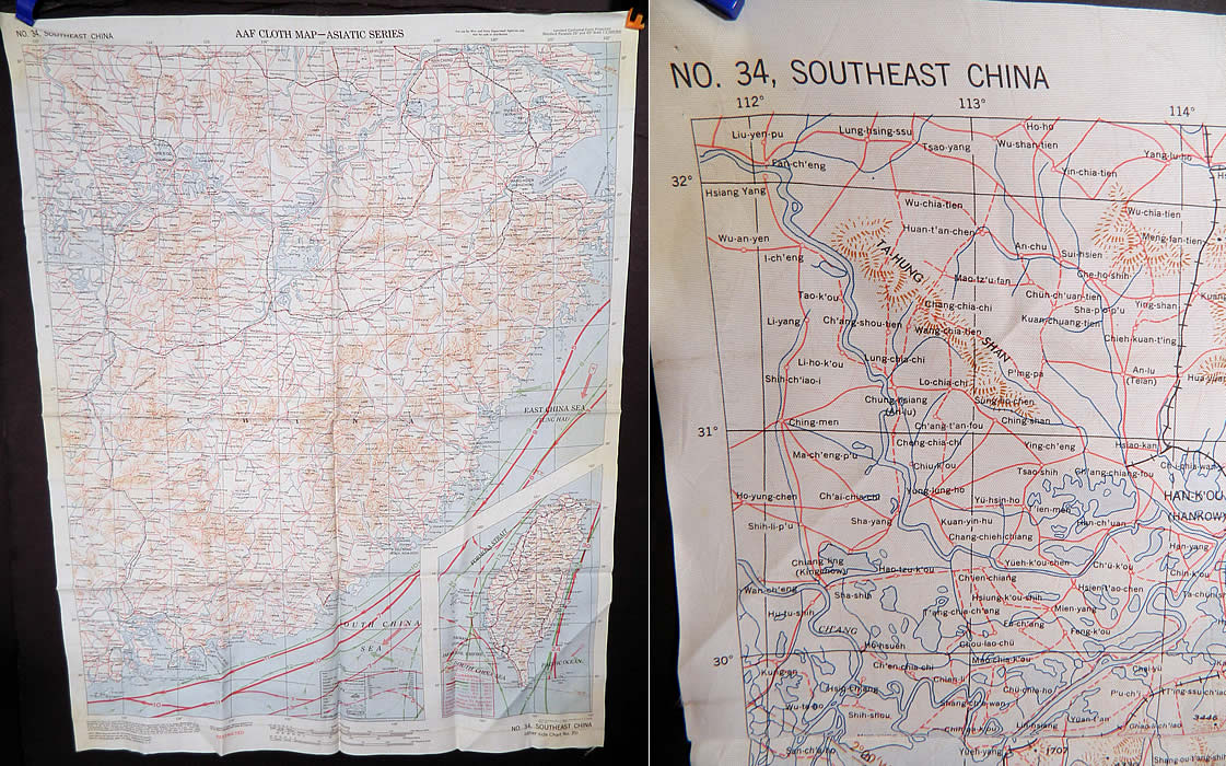 Vintage 1943 WWII Silk AAF Cloth Map Asiatic Series Southeast Northeast China
This vintage WWII silk AAF cloth map Asiatic Series Southeast, Northeast China dates from 1943. 