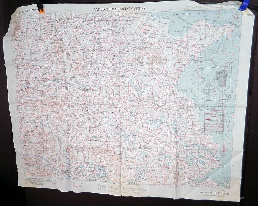 Vintage 1943 WWII Silk AAF Cloth Map Asiatic Series Southeast Northeast China
The map measures 20 by 25 inches.