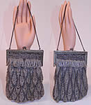 Vintage Art Deco Black Knit Crystal Beaded Loop Fringe Silver Frame Flapper Purse
