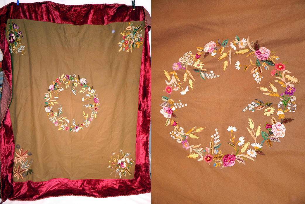 Victorian Antique Wool Velvet Chenille Embroidered Ribbonwork Bedspread Blanket
This antique Victorian era wool velvet chenille embroidered ribbonwork bedspread blanket dates from the late 19th century. It is made of a beige khaki color wool fabric center with colorful chenille embroidery, French knots, fancy ribbonwork and a dark red burgundy velvet fabric trim border edging.