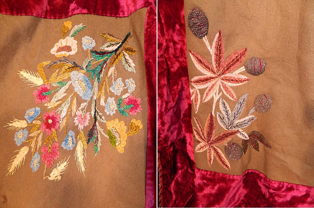 Victorian Antique Wool Velvet Chenille Embroidered Ribbonwork Bedspread Blanket
This beautiful bedspread blanket has a floral wheat wreath design embroidered in the center and varying bouquets of three dimensional rosette flowers done in each corner, with a grape leaf, raised gold thread wrapped fruit. 
