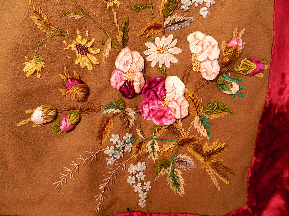Victorian Antique Wool Velvet Chenille Embroidered Ribbonwork Bedspread Blanket
There is a red polished cotton fabric lining backing, with red velvet and braided metallic rope trim edging. This amazing throw has been beautifully hand made with wonderful workmanship. 