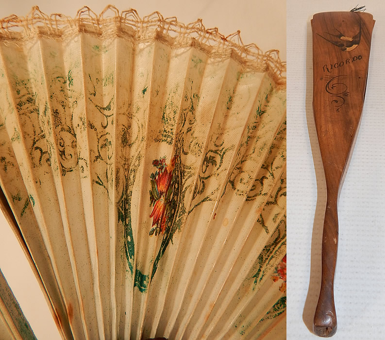 Antique Italian Ricordo Souvenir Hand Painted Wooden Cockade Flirting Mirror Fan
It is in good condition, with only some minor wear along the paper print designs (see close-up). This is truly a wonderful piece of hand fan art work!