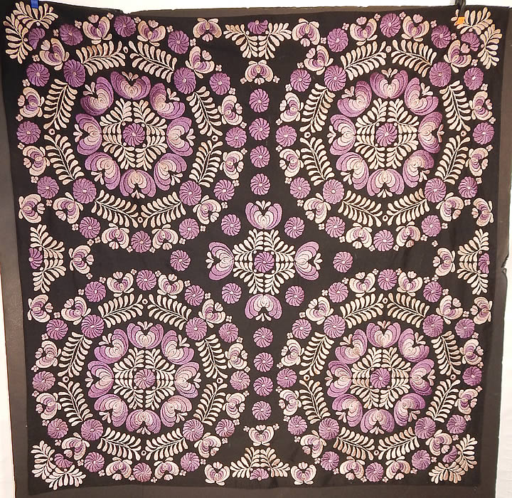 Antique Matyo Hungarian Folk Purple Embroidery Large Square Tablecloth
 This antique Hungarian Matyo folk purple embroidery large square tablecloth dates from the 1920s. It is made of a heavy black silk fabric background covered with varying shades of purple silk threads done in raised padded satin stitch Matyo embroidery work.