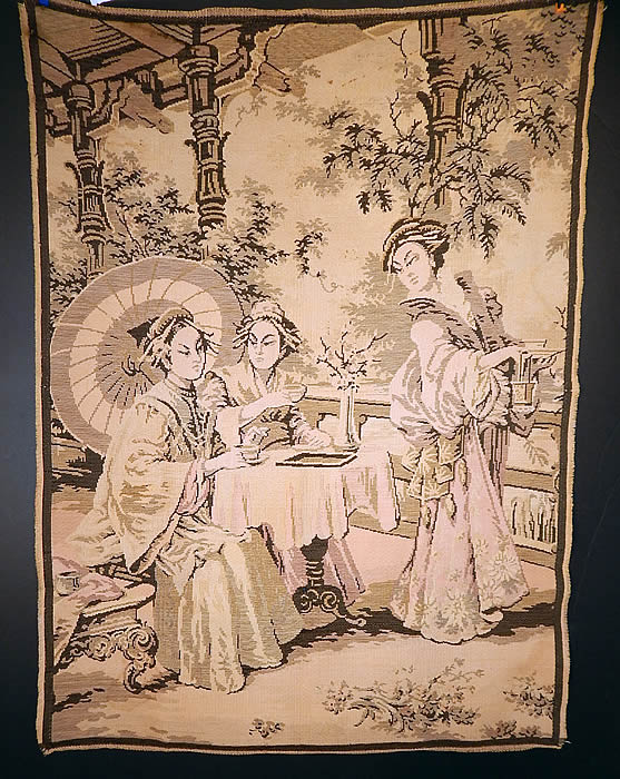 Vintage Made France Jacquard Loom Japanese Geisha Women Tea Garden Tapestry Wall Hanging
This vintage made in France jacquard loom Japanese Geisha women tea garden tapestry wall hanging dates from the 1920s. It is made of jacquard loomed woven pictorial tapestry done in muted faded colors of Japanese Geisha women having tea in the garden.
