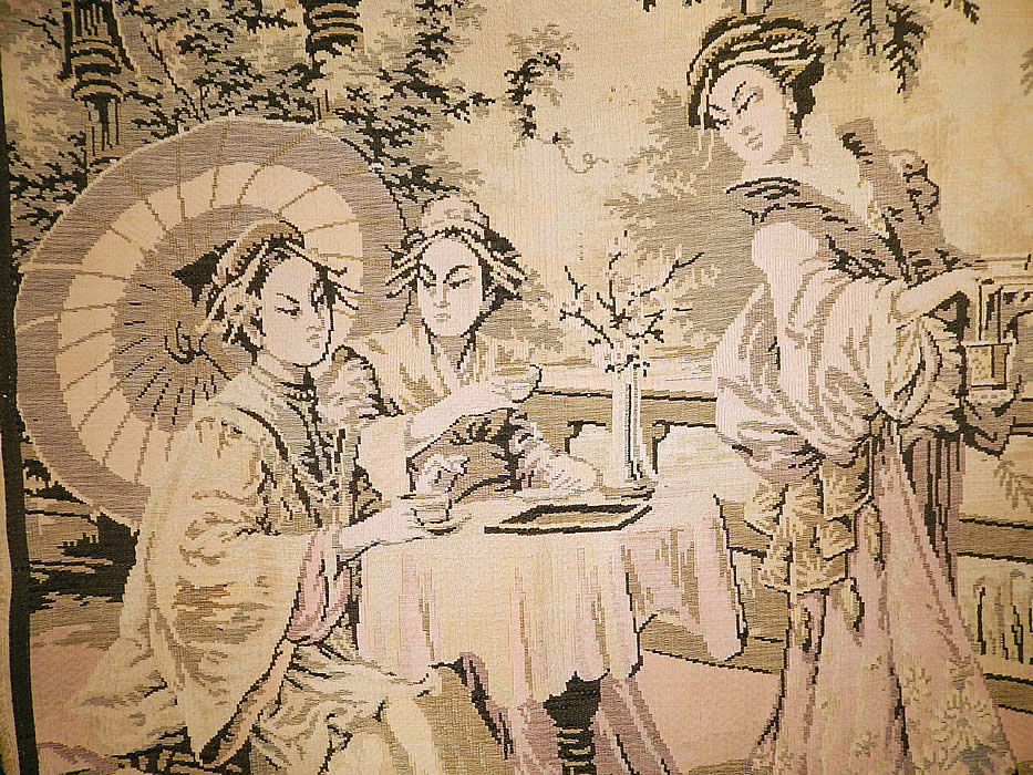 Vintage Made France Jacquard Loom Japanese Geisha Women Tea Garden Tapestry Wall Hanging
The tapestry measures 51 by 38 inches. 
