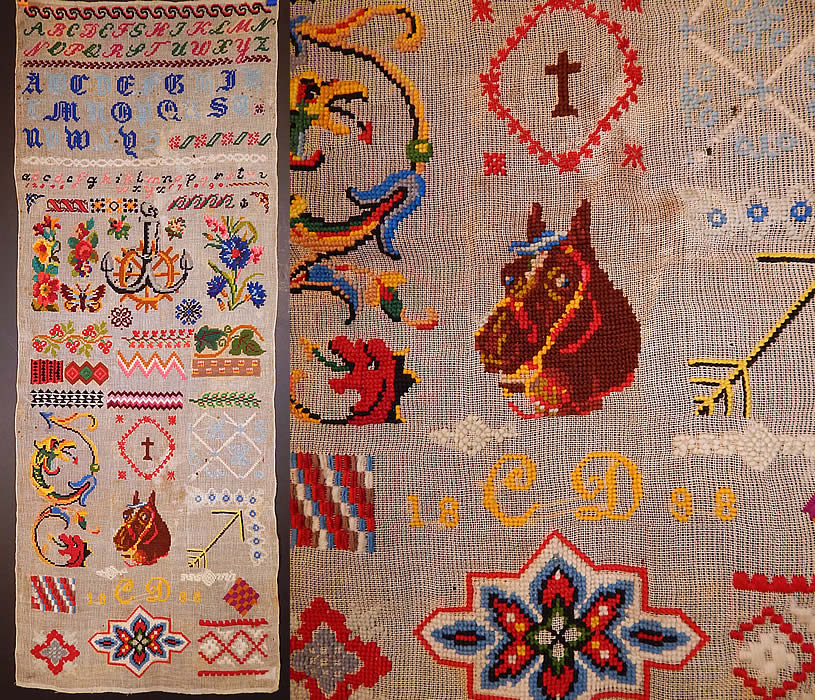 Victorian Antique 1898 Berlin Wool Work Embroidery Needlepoint Sampler
This antique Victorian era Berlin wool work embroidery needlepoint sampler dates from 1898. It is made of a mesh canvas fabric, with colorful wool yarn in a Berlin work style needlepoint embroidery with tent, cross, counted stitch, fancy decorative designs.