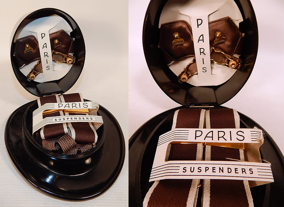 Vintage Paris Top Hat Box Never Used Mens Sock Garters & Suspenders Braces
These never used vintage Paris top hat box gentleman's sock garters and suspenders braces date from the 1920s. 