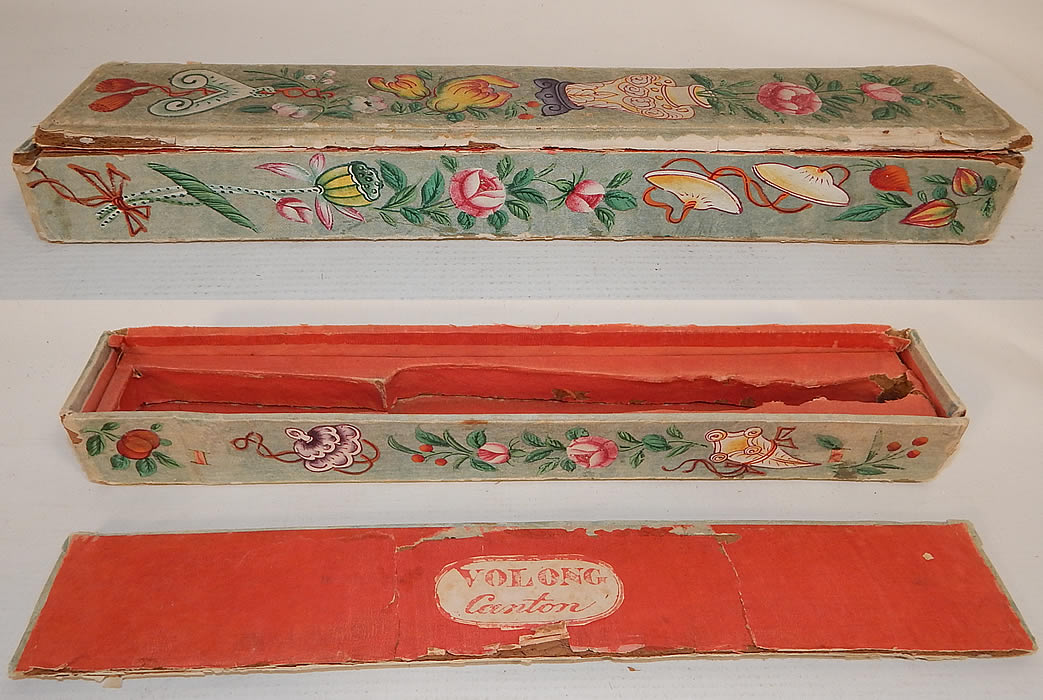 Antique Chinese Volong Canton Hand Painted Peony Flower Vase Paper Fan Box
The peony is a symbol of love and affection and is representative of good luck. There is a red paper lining inside with cut out shape for the fan and the inside lid has a "Volong Canton" label. This beautiful box would have held a Chinese lacquer hand fan. The box measures 11 1/2 inches long and 2 inches wide. It is in as-is fair condition, with some wear, rips and tears along the paper edging. This is a beautiful one of a kind piece of antique Chinese hand painted art!