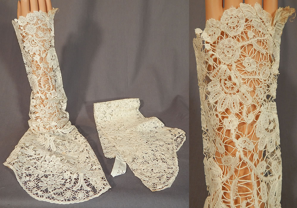 Antique Hand Made Brussels Point de Gaze Duchesse Bobbin Lace Dress Sleeves
This Victorian era antique hand made Belgian Brussels Point de Gaze Duchesse bobbin lace dress sleeves dates from the late 19th century. It is hand made of a sheer white filmy linen lace, with veined, raised threads flowers and leaves, joined by braided plaits and has Point de Gaze needle lace petal flower medallions.