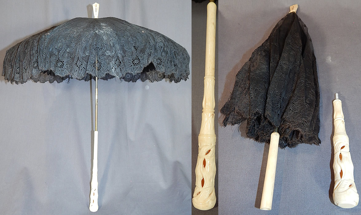 Victorian Antique Black Chantilly Lace Carved Pierced Finial Handle Parasol
This antique Victorian era black Chantilly lace carved pierced finial handle parasol dates from 1870. It is made of a black silk fabric lining underneath, covered with a sheer fine black Chantilly lace fabric overlay outlined in black threads with detailed shading effects done in a floral pattern Swiss dot design and scalloped border edging