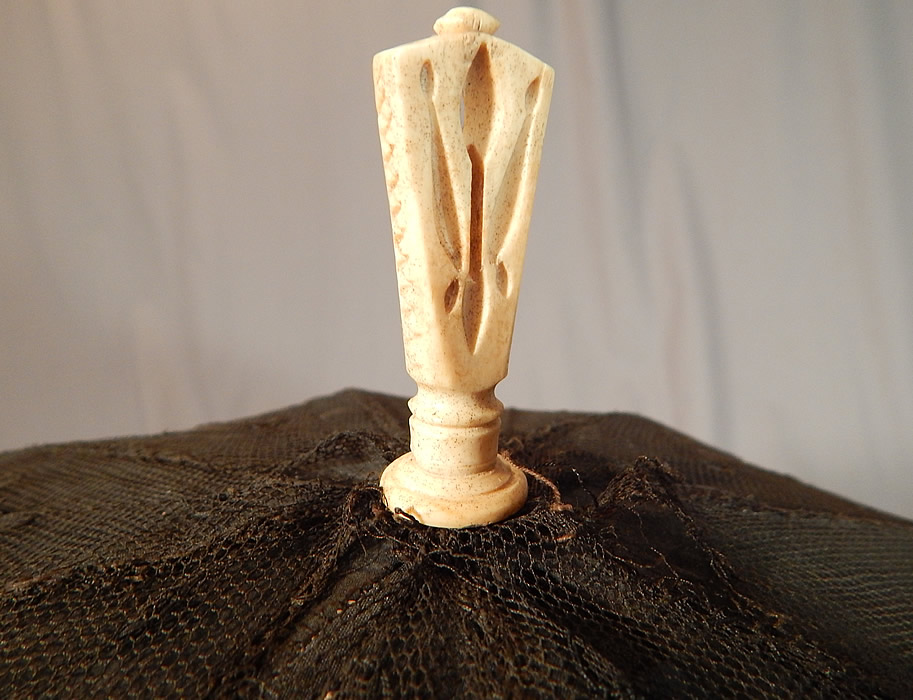 Victorian Antique Black Chantilly Lace Carved Pierced Finial Handle Parasol
The bone handle unscrews from the brass metal mechanism frame (see close-up). 