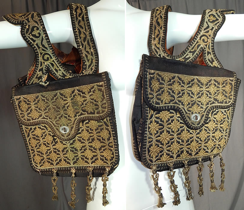 Moroccan Antique Gold Metallic Embroidered Double Saddle Messenger Bag
This antique Moroccan gold metallic embroidered double saddle messenger bag dates from early 20th century.
