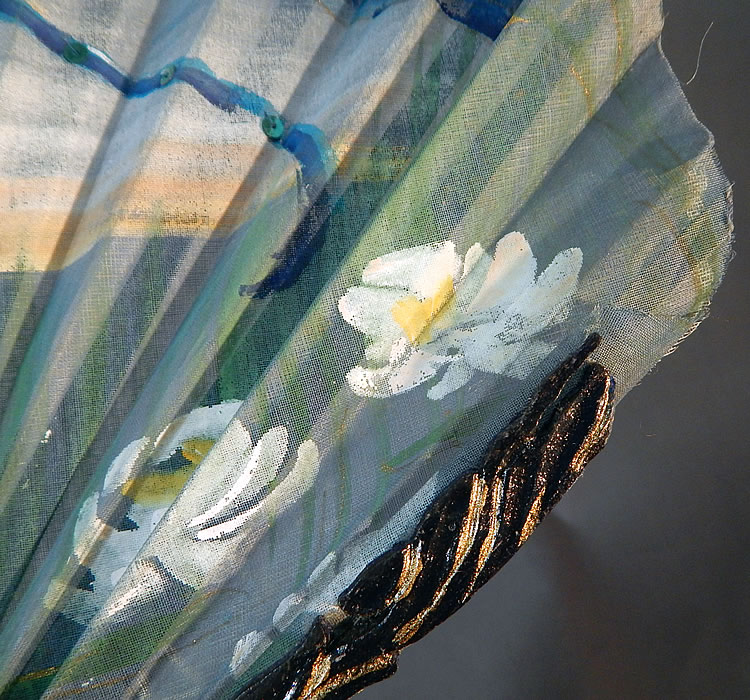 Vintage Art Nouveau Hand Painted Silk Dragonfly Water Lily Sequin Pleated Folding Fan
The fan measures 12 inches long and is 13 inches wide when opened. 