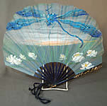 Vintage Art Nouveau Hand Painted Silk Dragonfly Water Lily Sequin Pleated Folding Fan
