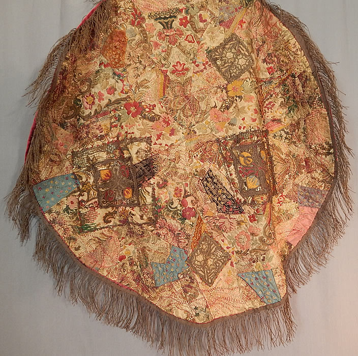 Antique 18th Century Textile Embroidered Patchwork Gold Bullion Round Tablecloth
This antique embroidered patchwork gold bullion round tablecloth textile fabrics date from the 18th century and was perhaps constructed during the 19th century. 