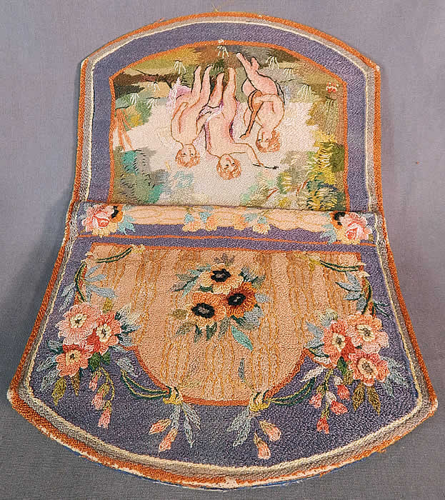 Vintage Angelic Cherub Cupid Petit Point Needlepoint Embroidered Clutch Purse
This is truly an exquisitely embroidered piece of textile art!