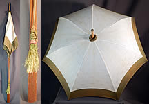 Edwardian White Cotton Damask Bow Green Trim Wood Handle Summer Parasol
