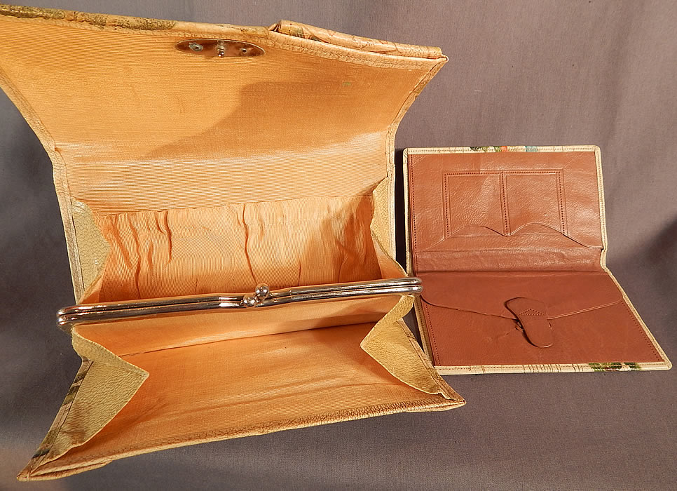 Vintage Antique Japanese Hand Tooled Leather Painted Clutch Purse & Wallet
The wallet measures 6 by 3 1/2 inches. They are in good condition, with some minor wear, a faint stain on the back purse corner and a frayed leather strap on the pocket inside the wallet (see close-ups). This is truly a wonderful piece of antique Japaneses art! 