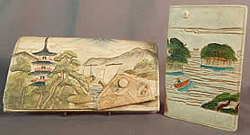 Vintage Antique Japanese Hand Tooled Leather Painted Clutch Purse & Wallet 
