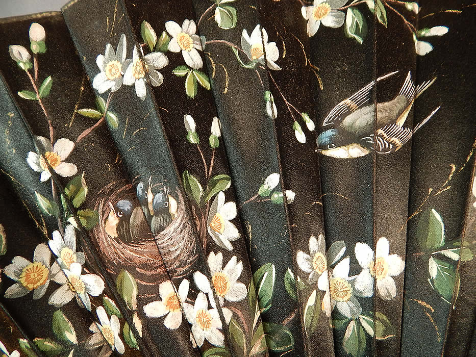 Victorian Black Silk Hand Painted Magnolia Chickadee Birds Decoupage Folding Fan
It is made of a pleated black silk fabric, with hand painted magnolia flowers, chickadee birds and nest design. 