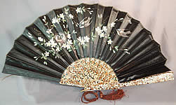 Victorian Black Silk Hand Painted Magnolia Chickadee Birds Decoupage Folding Fan
