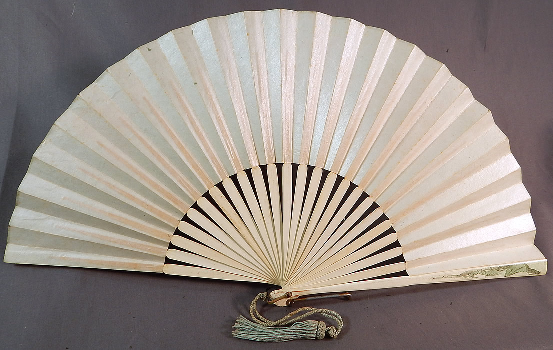 Art Nouveau Asian Hand Painted Paper Lotus Flower Sequin Pleated Folding Fan
The fan measures 11 inches long and is 21 inches wide when opened.