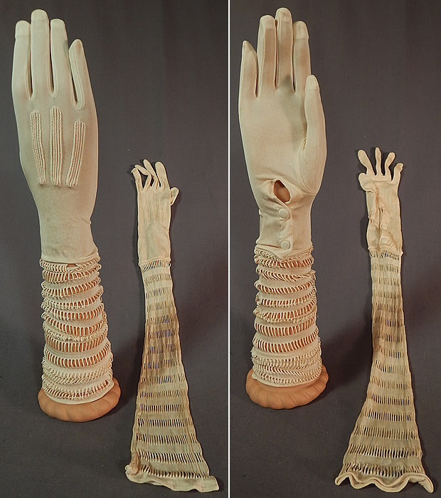 Vintage Art Deco Cream Silk Knit Cutwork Long Elbow Length Bridal Wedding Gloves
These beautiful bridal wedding gloves are a long elbow length, with decorative striped stitching on the hands and silk covered snap button closures on the inside wrists. The gloves measure 21 inches long, 5 1/2 inch wrist circumference and 8 inch wide top arm opening circumference. It is in good condition, with only one small break in the cutwork (see close-up). This is truly a wonderful piece of wearable wedding glove art! 
