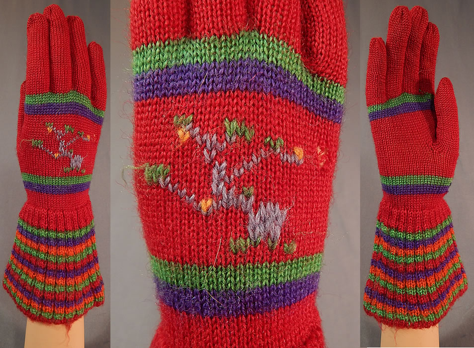 Vintage Womens Hand Knit Red Wool Colorful Stripe Winter Gauntlet Gloves
