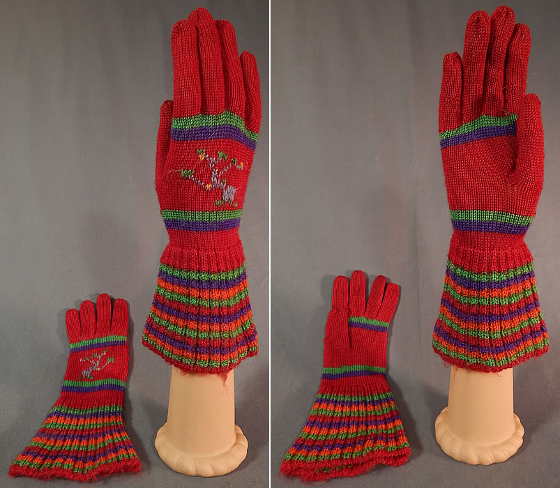 Vintage Womens Hand Knit Red Wool Colorful Stripe Winter Gauntlet Gloves
