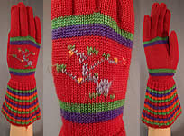 Vintage Womens Hand Knit Red Wool Colorful Stripe Winter Gauntlet Gloves
