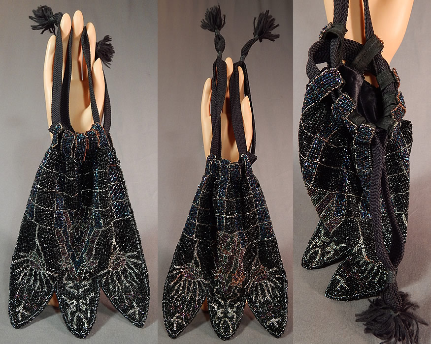 Antique Art Deco Colorful Steel Cut Beaded Floral Petal Drawstring Flapper Purse
This antique Art Deco colorful steel cut beaded floral petal drawstring flapper purse dates from the 1920s. It is hand beaded with colorful iridescent steel cut beads done in a decorative Art Deco geometric grid and floral designs on both sides. 
