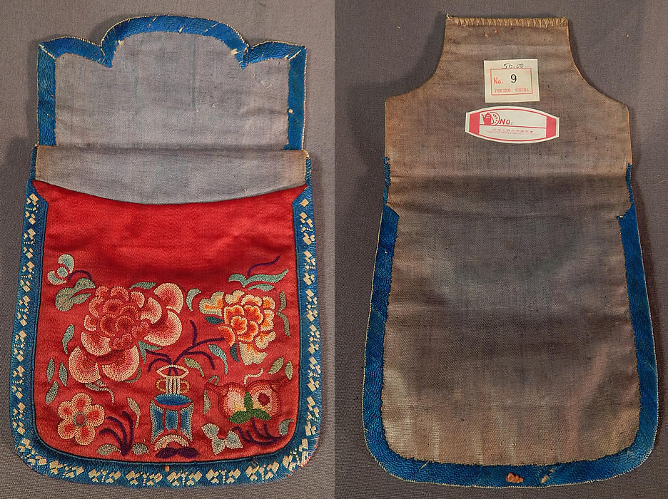 Antique Chinese Cinnabar Silk Forbidden Stitch Embroidery Pouch Purse Small Bag
These pouches also called pockets were meant to hold small things such as coins or seals since there were no pockets on the clothing. 