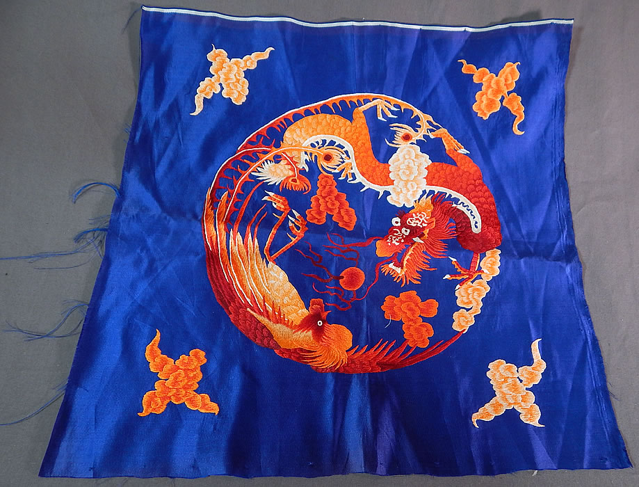 Antique Chinese Dragon Phoenix Yin Yang Silk Embroidered Fabric Square Badge
There is a dragon and phoenix bird in the center roundel medallion which when placed together, but turned away are a symbol of eternity, yin and the yang and smoke clouds embroidered in the corners.