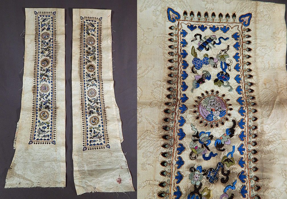 Antique Chinese Crane Bat White Silk Embroidered Robe Sleeve Band Cuff Pair
This pair of antique Chinese crane bat white silk embroidered robe sleeve band cuffs date from the late 19th century during the Qing Dynasty. They are made of a white sheer cut silk damask weave fabric, with woven auspicious symbols, bats, cranes.