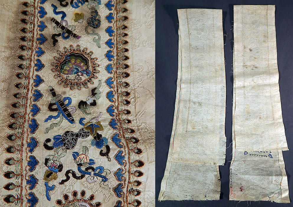 Antique Chinese Crane Bat White Silk Embroidered Robe Sleeve Band Cuff Pair
There are colorful silk raised padded satin stitch hand embroidery work crane roundels, bats, the Eight Immortals attributes and gold metallic thread couching work outlining the designs.