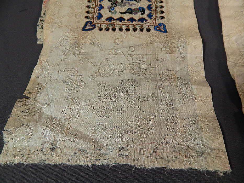 Antique Chinese Crane Bat White Silk Embroidered Robe Sleeve Band Cuff Pair
They are in good as-is condition, with a few small frays along the edging and some faint stains, discoloration in areas (see close-ups). This is truly a wonderful piece of antique Chinese textile art! 