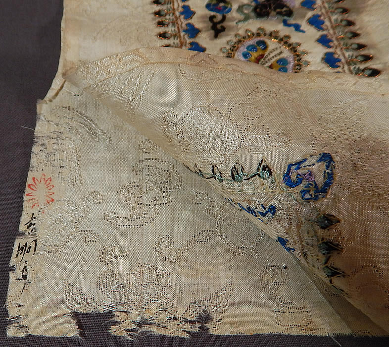 Antique Chinese Crane Bat White Silk Embroidered Robe Sleeve Band Cuff Pair
There are Chinese calligraphy characters on the back side. Each band measures 48 inches long, 6 inches wide and the embroidery work measures 21 inches long. They are in good as-is condition, with a few small frays along the edging and some faint stains, discoloration in areas (see close-ups).